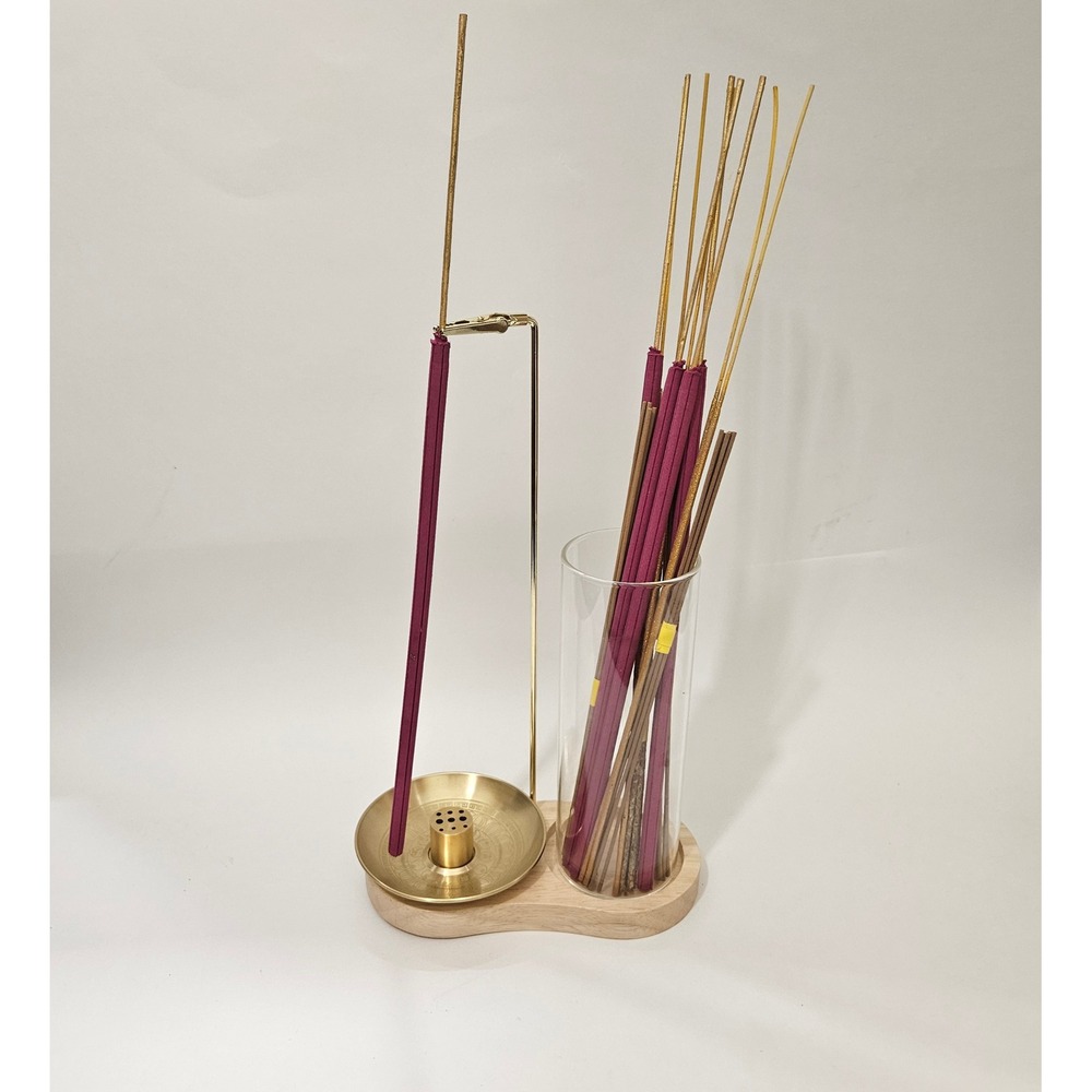 Modern Wood and Brass Incense Burner Set with Glass Storage Cylinder and Clip